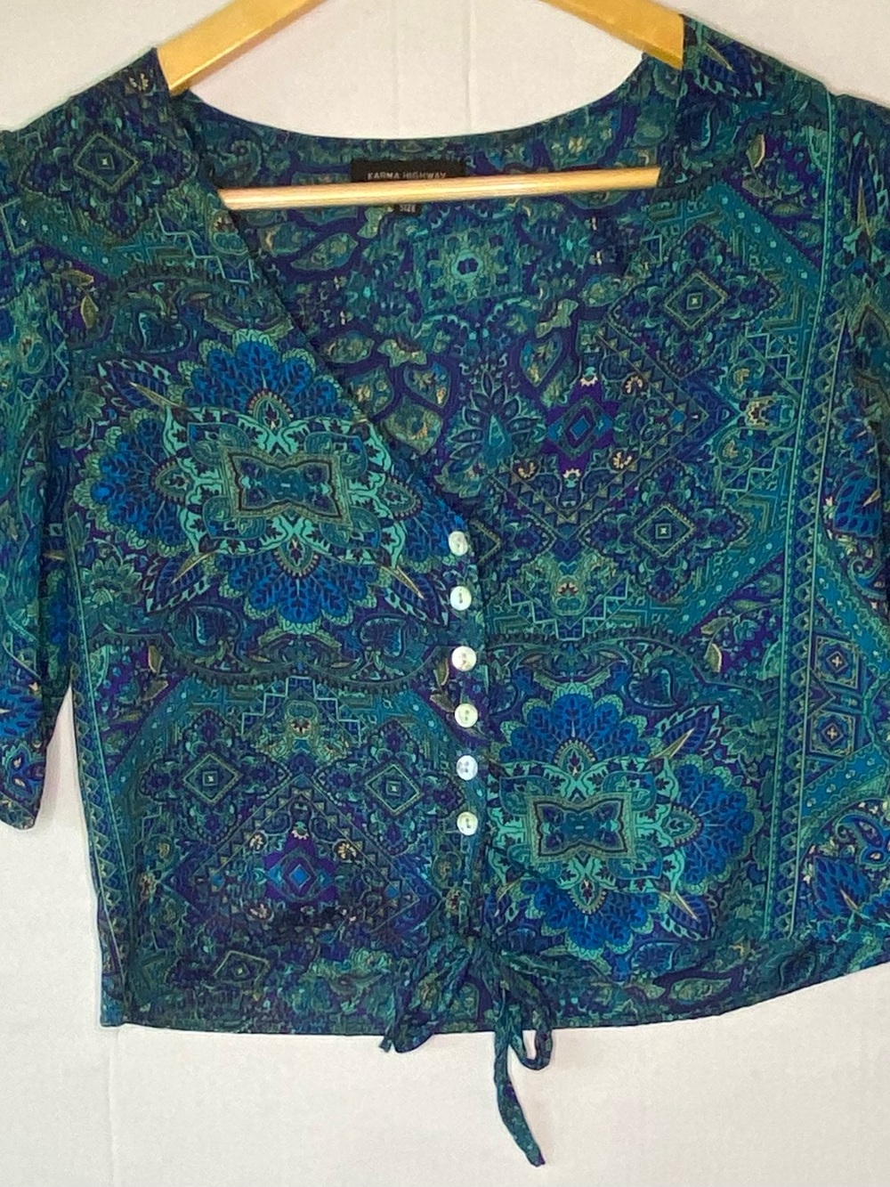 Karma Highway Boho Paisley Crop Top One Size Green Tie Front Festival Cottagecor